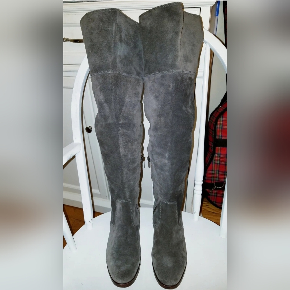 FRYE Clara Boots OTK Slouch Pull On Smoke Gray Suede Sz 7M